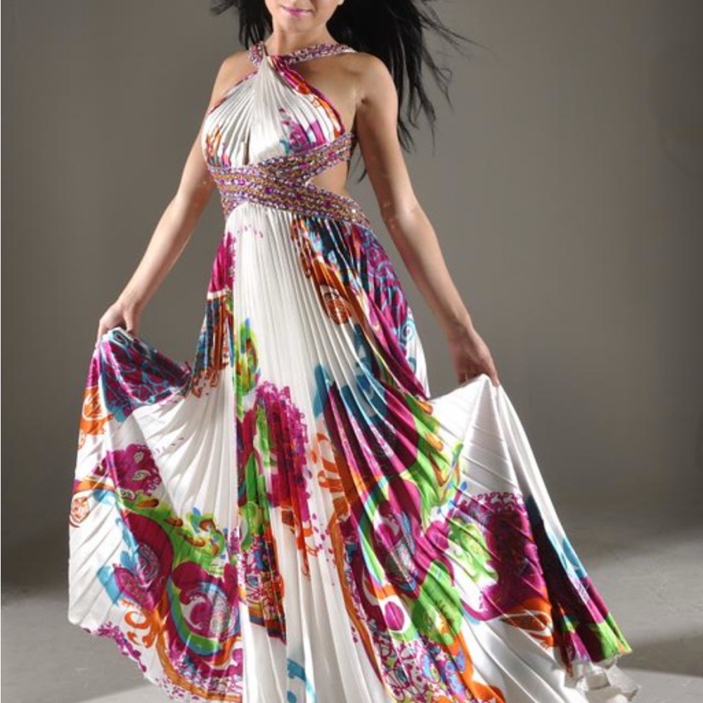Elegant Multicolor Halter Maxi Dress Prom Dress